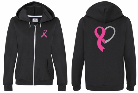 Ladies Hoodie Pink Ribbon Heart Front & Back Print Full Zip Hoody