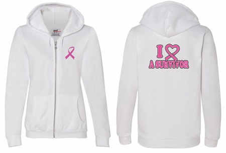 Ladies Hoodie Pink Ribbon I Heart Front & Back Full Zip Hoody
