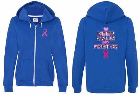 Ladies Hoodie Pink Ribbon Keep Calm Front & Back Print Full Zip Hoody