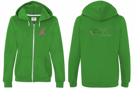 Ladies Hoodie Pink Ribbon My Cousin Front & Back Full Zip Hoody
