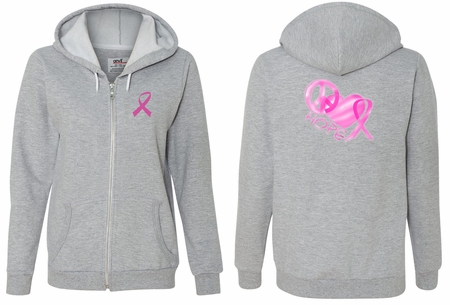 Ladies Hoodie Pink Ribbon Peace Love Hope Front & Back Print Full Zip Hoody