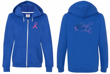 Ladies Hoodie Pink Ribbon Pink For My Aunt Front & Back Full Zip Hoody