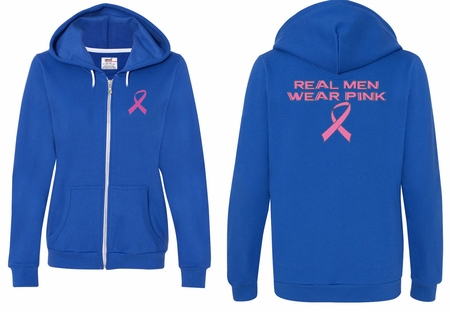 Ladies Hoodie Pink Ribbon Real Men Front & Back Print Full Zip Hoody