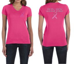 Ladies Shirt Pink Ribbon Real Men Front & Back Print V-neck Tee T-Shirt
