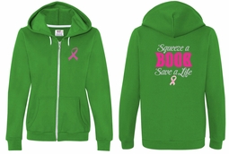 Ladies Hoodie Pink Ribbon Save a Life Front & Back Full Zip Hoody