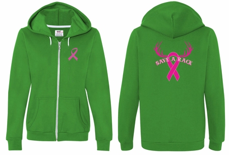 Ladies Hoodie Pink Ribbon Save a Rack Front & Back Full Zip Hoody