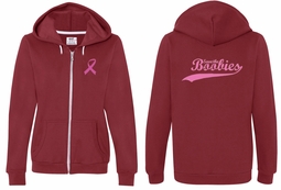 Ladies Hoodie Pink Ribbon Save the Boobies Front & Back Full Zip Hoody