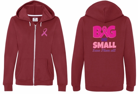 Ladies Hoodie Pink Ribbon Save Them All Front & Back Full Zip Hoody