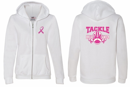 Ladies Hoodie Pink Ribbon Tackle Cancer Front & Back Full Zip Hoody
