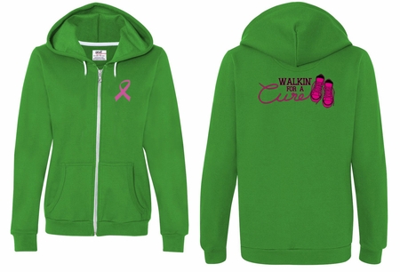 Ladies Hoodie Pink Ribbon Walkin For Cure Front & Back Full Zip Hoody