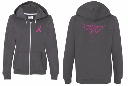 Ladies Hoodie Pink Ribbon Wings Front & Back Print Full Zip Hoody