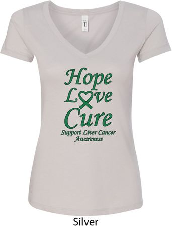 Ladies Liver Cancer Awareness Hope Love Cure V-Neck