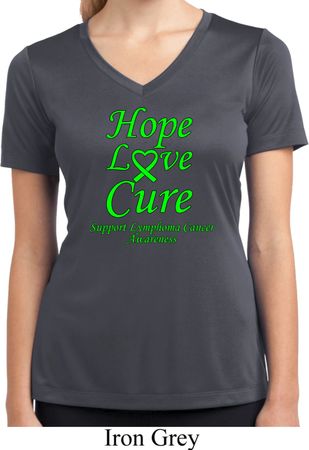 Ladies Lymphoma Cancer Hope Love Cure Dry Wicking V-neck