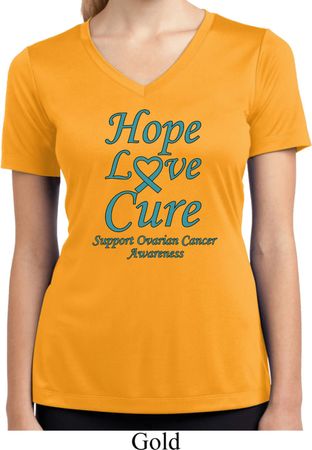 Ladies Ovarian Cancer Hope Love Cure Dry Wicking V-neck