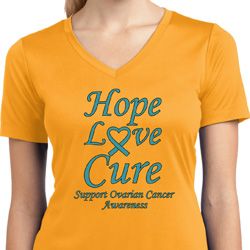 Ladies Ovarian Cancer Hope Love Cure Dry Wicking V-neck