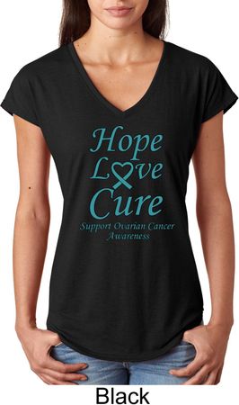 Ladies Ovarian Cancer Hope Love Cure Tri Blend V-neck