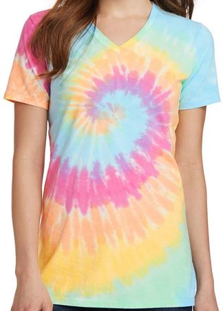 Ladies Pastel Rainbow Tie Dye V-neck Shirt
