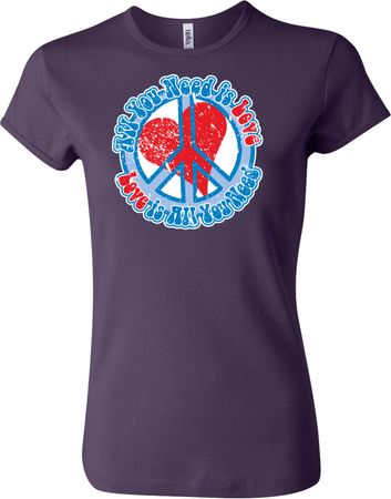 Ladies Peace Shirt All You Need is Love Crewneck Tee T-Shirt