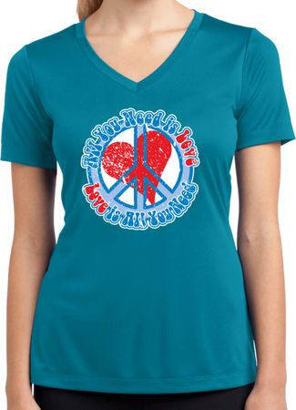 Ladies Peace Shirt All You Need is Love Moisture Wicking V-neck Tee