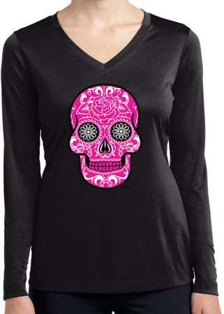 Ladies Pink Sugar Skull Dry Wicking Long Sleeve
