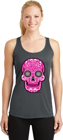 Ladies Pink Sugar Skull Dry Wicking Racerback