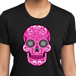 Ladies Pink Sugar Skull Dry Wicking T-shirt