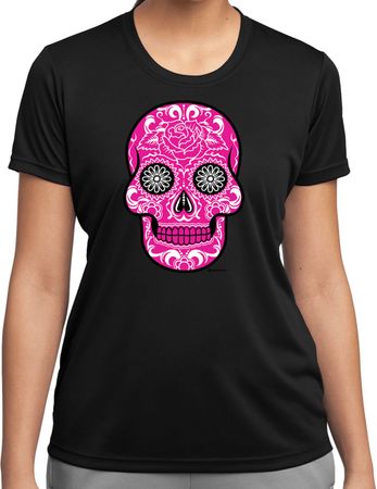 Ladies Pink Sugar Skull Dry Wicking T-shirt