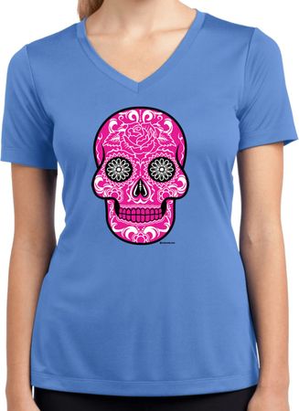 Ladies Pink Sugar Skull Dry Wicking V-neck