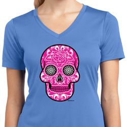 Ladies Pink Sugar Skull Dry Wicking V-neck