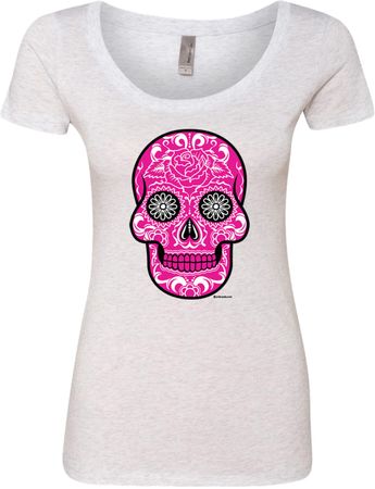 Ladies Pink Sugar Skull Scoop Neck Shirt