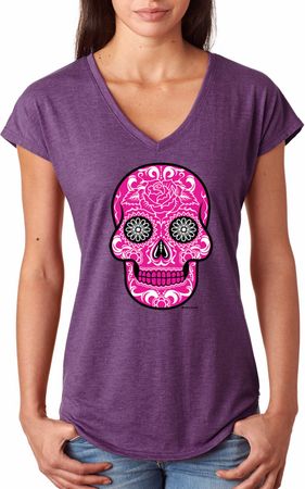Ladies Pink Sugar Skull Tri Blend V-neck