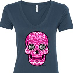 Ladies Pink Sugar Skull V-Neck Shirt