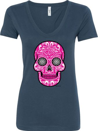 Ladies Pink Sugar Skull V-Neck Shirt