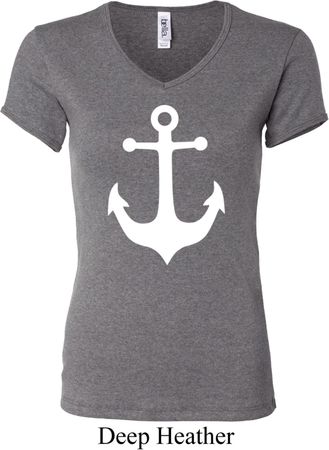 Ladies Sailing Shirt White Anchor V-neck Tee T-Shirt