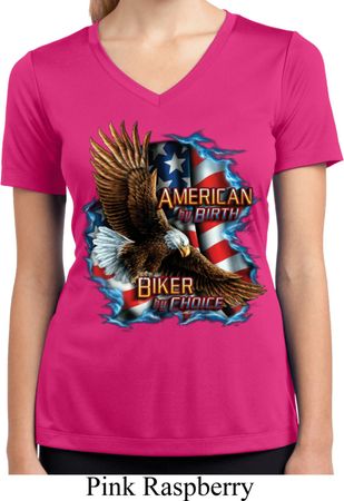Ladies Shirt American By Birth Moisture Wicking V-neck Tee