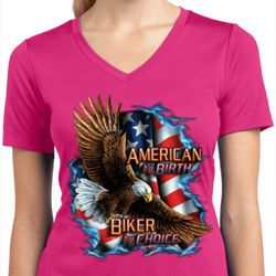 Ladies Shirt American By Birth Moisture Wicking V-neck Tee