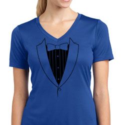 Ladies Shirt Basic Black Tuxedo Moisture Wicking V-neck Tee T-Shirt
