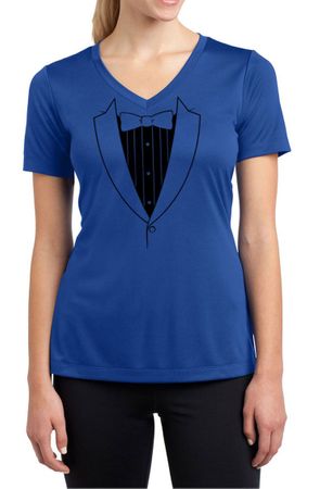 Ladies Shirt Basic Black Tuxedo Moisture Wicking V-neck Tee T-Shirt