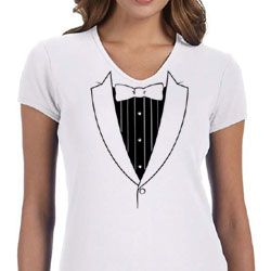 Ladies Shirt Basic Black Tuxedo V-neck Tee T-Shirt