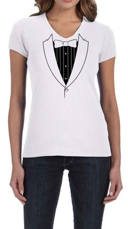 Ladies Shirt Basic Black Tuxedo V-neck Tee T-Shirt