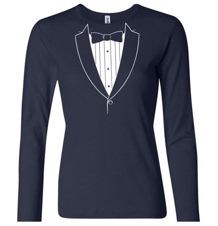 Ladies Shirt Basic White Tuxedo Long Sleeve Tee T-Shirt