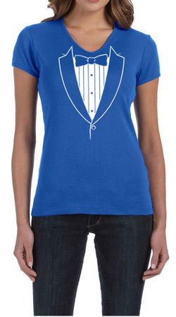 Ladies Shirt Basic White Tuxedo V-neck Tee T-Shirt