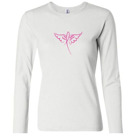 Ladies Shirt Breast Cancer Awareness Wings Ribbon Long Sleeve Tee
