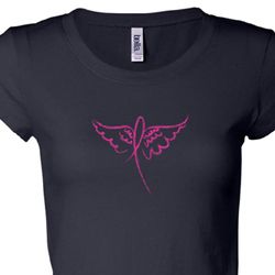 Ladies Shirt Breast Cancer Awareness Wings Ribbon Longer Length Tee