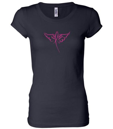 Ladies Shirt Breast Cancer Awareness Wings Ribbon Longer Length Tee