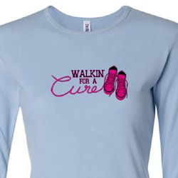 Ladies Shirt Breast Cancer Walkin For a Cure Long Sleeve Tee T-Shirt