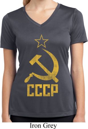 Ladies Shirt CCCP Distressed Moisture Wicking V-neck Tee