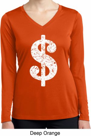Ladies Shirt Distressed Dollar Sign Dry Wicking Long Sleeve Tee