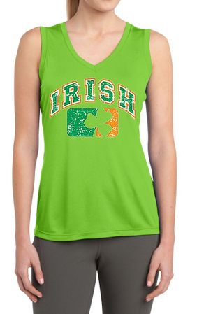 Ladies Shirt Distressed Irish Shamrock Sleeveless Moisture Wicking Tee
