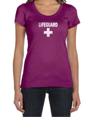 Ladies Shirt Distressed Lifeguard Scoop Neck Tee T-Shirt